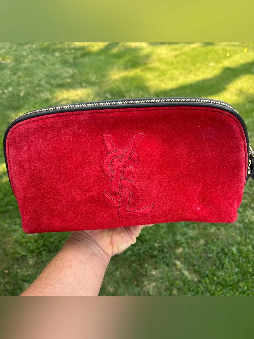 Vintage YSL Yves Saint Laurent Red Suede Cosmetic Makeup Bag Pouch Wristlet